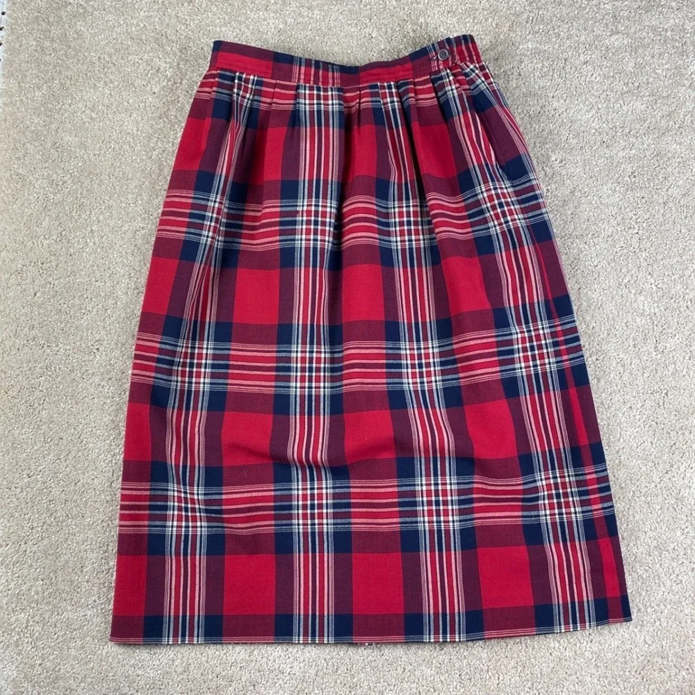 Vintage Petite Pendleton Red Plaid Wool Midi Skirt Size 14 P627-906 Made‎ in USA